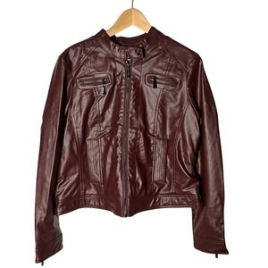 JOUJOU Women's Burgundy Faux Fur Leather Lines Moto Jacket Size XL